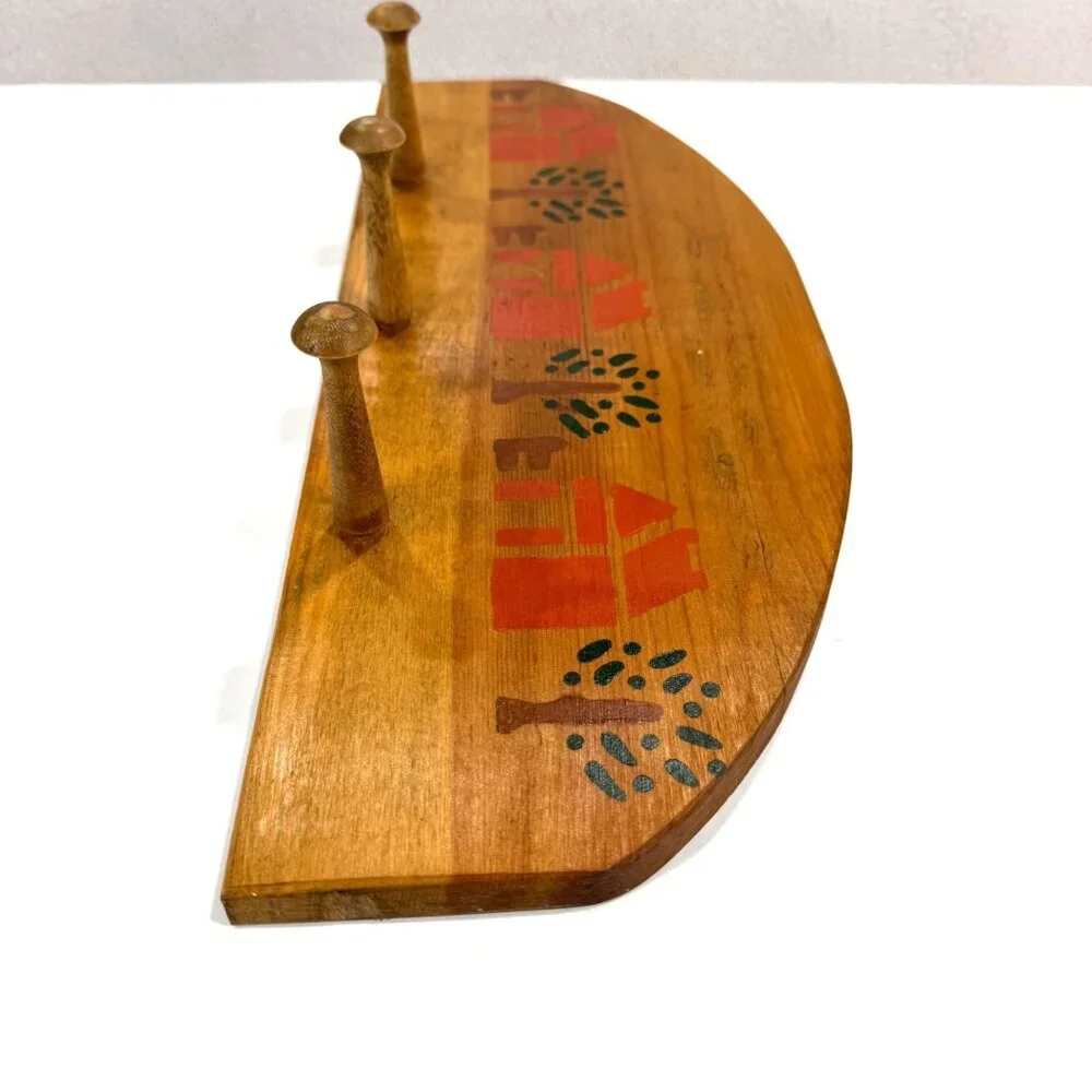 Vintage Country Folk Art Wooden Wall Rack 3 Peg House Tree Stencil Farmhouse